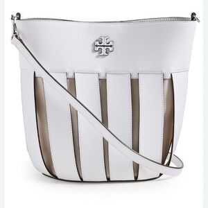 NWT Tory Burch McGraw Stripe Leather Bucket Bag in White Blanc